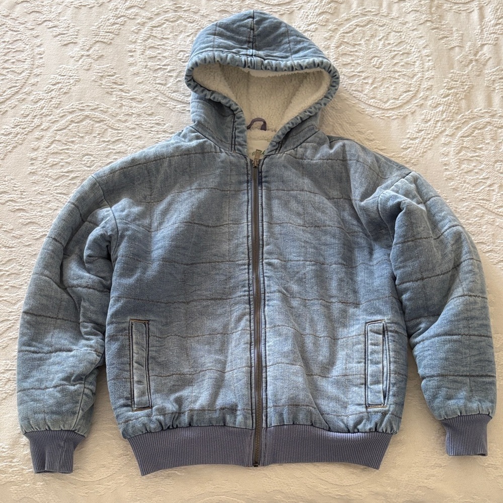 Aerie Girls Kids Blue Hooded Denim Jacket Sherpa Lining! Xs Gently Loved